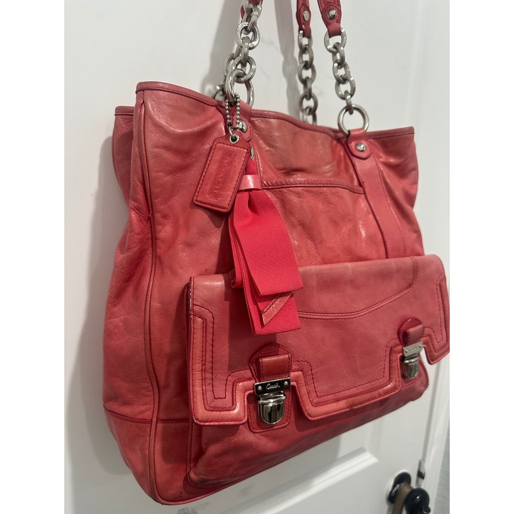 Coach Poppy Coral Pink Leather Tote Bag Push Lock Chain Shoulder Bag